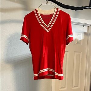 Rockabilly 1960's Mod Knit Ladies Top in Red V-Neck Short Sleeve